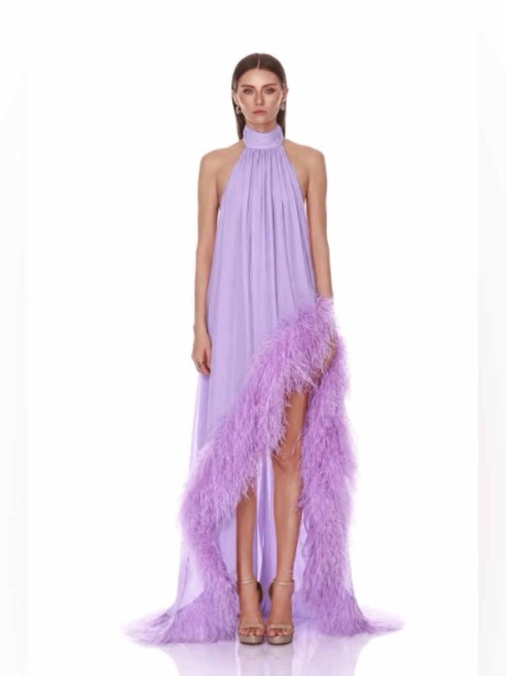 Bronx & Banco Madeline Dark Lilac Ostrich Feather Halter Neck Backless Gown NWOT